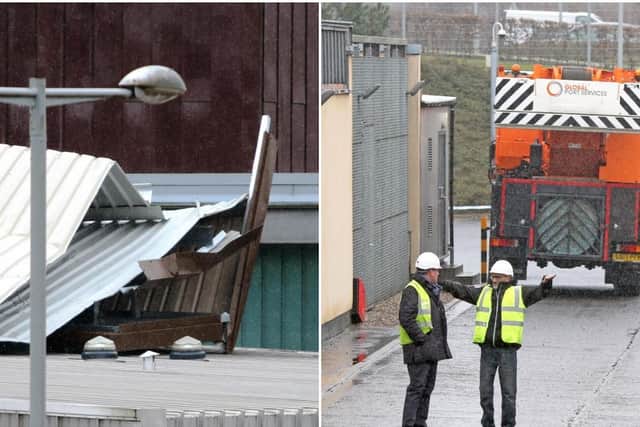 Gale force gusts tore a sheet of metal weighing more than 50 tonnes off the top of the Livingston Sheriff Court complex at the weekend picture: supplied