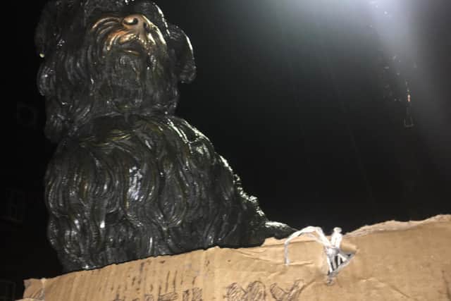 The famous Greyfriars Bobby on George IV Bridge was seen with a placard tied around its neck mockinglysaying: "Touch my nose, help spread COVID-19." picture: JPI Media