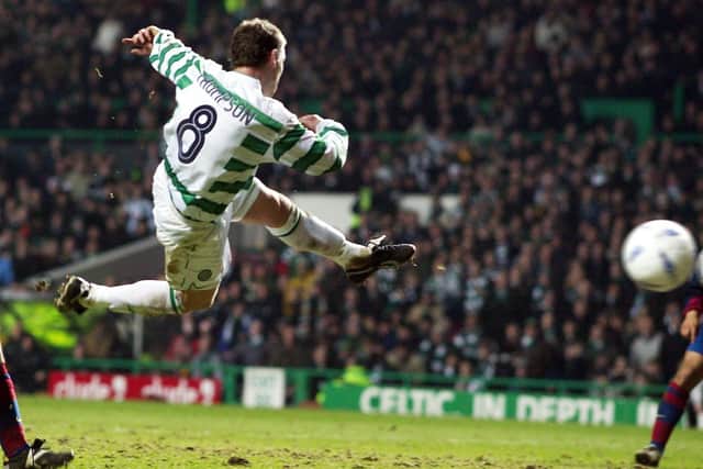 Alan Thompson scores to give Celtic a 1-0 win over Barcelona at Celtic Park in the Uefa Cup in 2004 – the club’s last post-group stage knockout win in European competition.